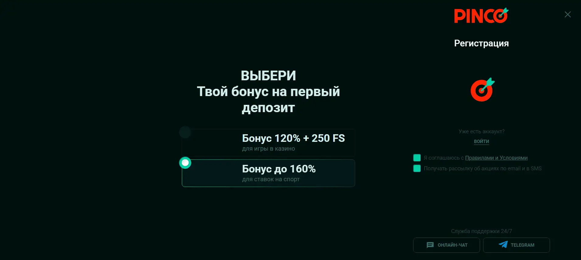 Страница регистрация на сайте Pinco
